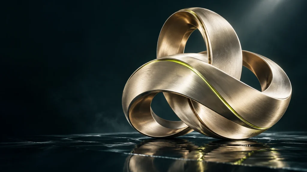 Interlocking ribbons of brushed champagne metal on a midnight petrol surface — an abstract study of design, engineering and intelligence.